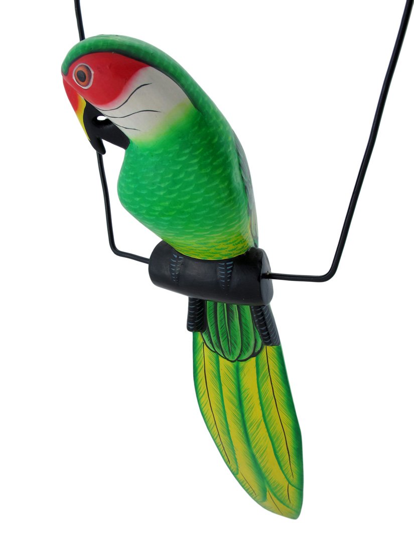 Hand Painted Wood Green Parrot Bird Hanging Statue 25 Inch