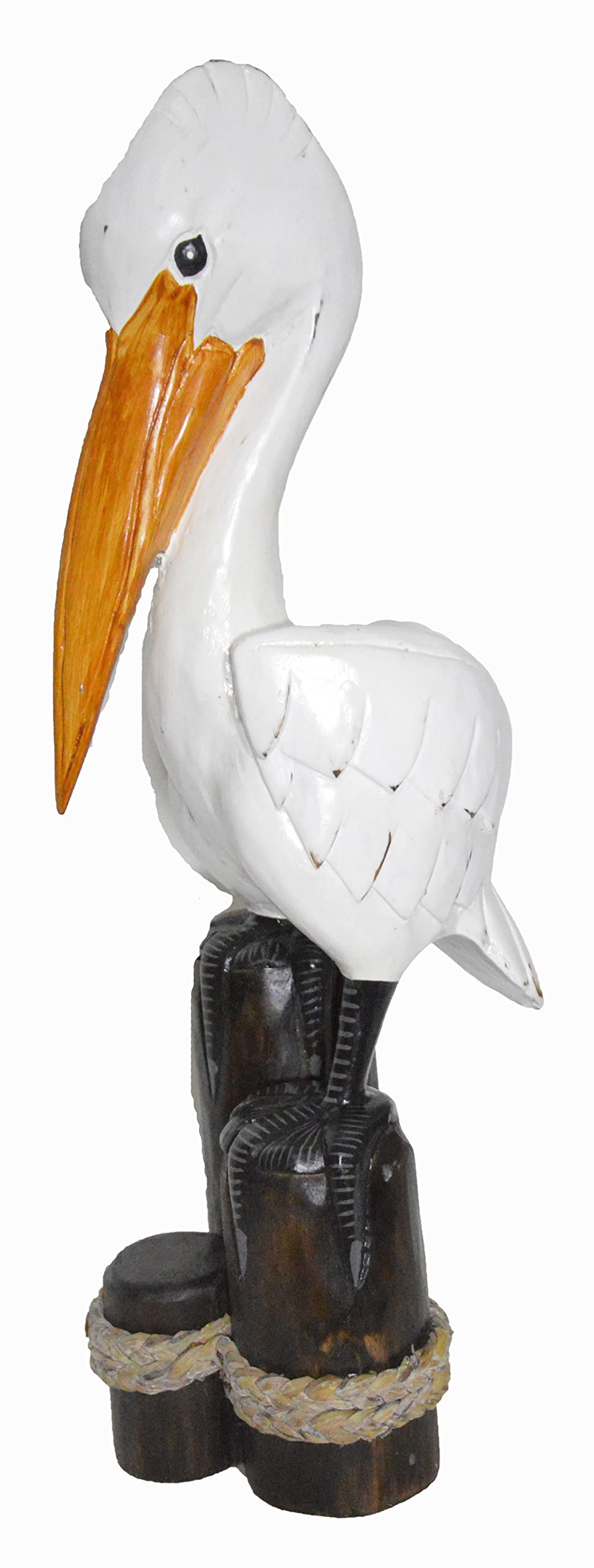 New 25" Tall Three Post Hand Carved Nautical Wood Pelican Statue Carving Sculpture Art