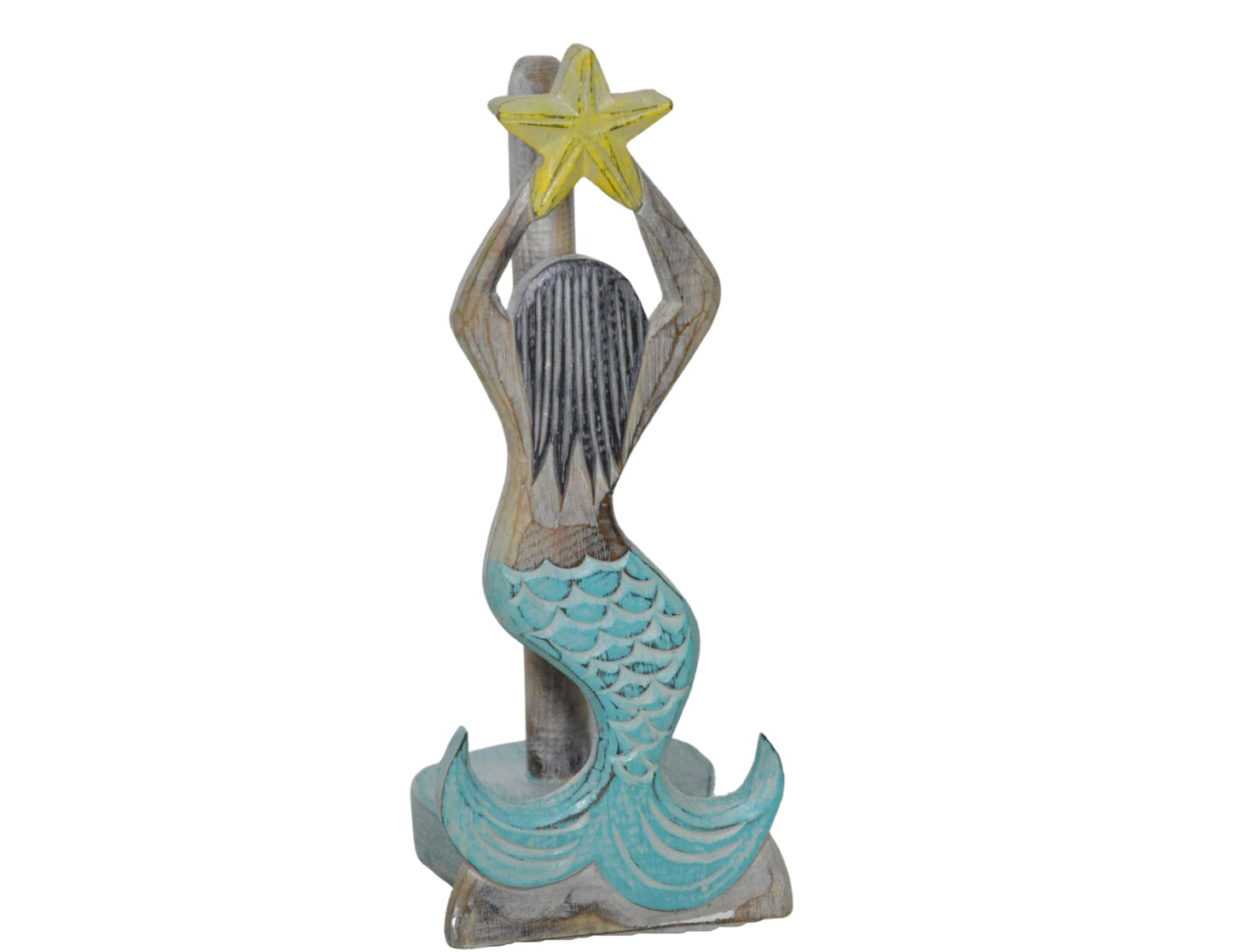 Hand Carved Mermaid Star Fish Paper Towel Holder Wood Carving Nautical Statue Kitchen Gadget Sculpture