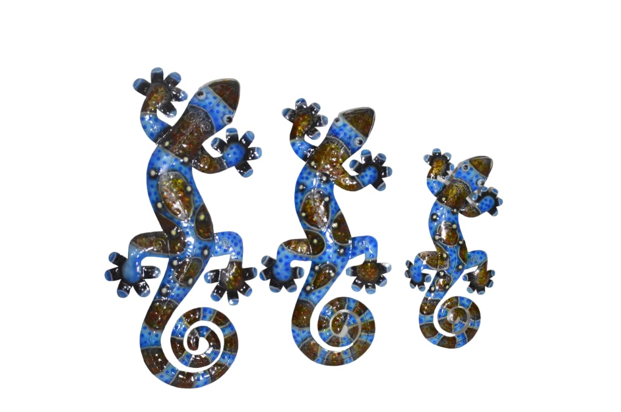WorldBazzar HUGE Beautiful Unique Set of 3 Geckos Lizard Metal Tropical Island Wall Art