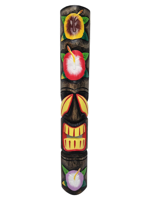 WorldBazzar 40'' HAND CARVED WELCOME 3 TRIPLE HIBISCUS FLOWER POLYNESIAN HAWAIIAN TIKI STYLE MASK SCRATCH & DENT|||, Brown, Pink, White, Red, Yellow, Orange