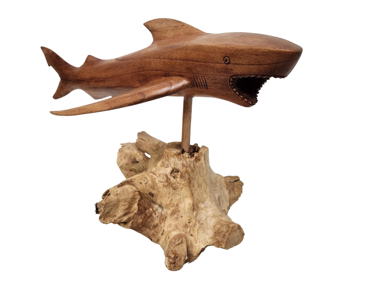 Shark LG Hand Carved Wood MACO Shark on Wood Coral Stand Nautical Ocean Decor