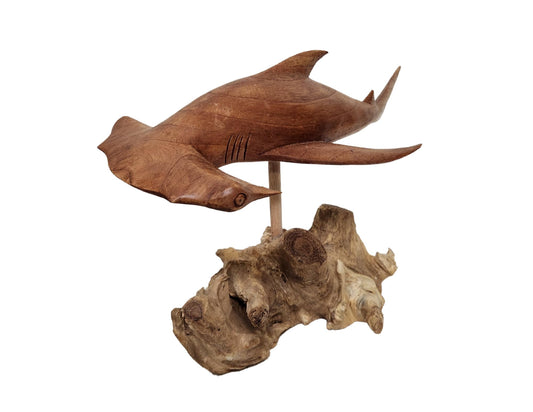 WorldBazzar Hand Carved Mahogany Hammerhead Ocean Shark On Coral Table Art