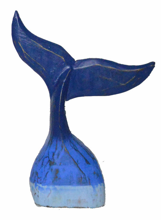 Hand Carved Wood Humpback Ombre Blue Whale Tail Table Top Carving Sculpture Ocean Sea Nautical Decor 11 Inches