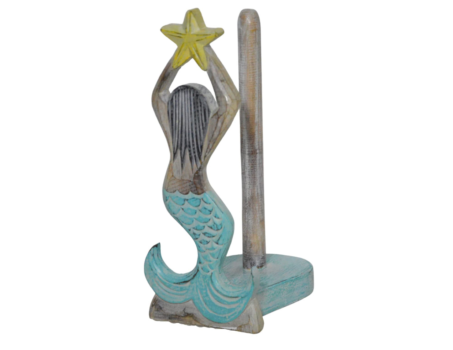 Hand Carved Mermaid Star Fish Paper Towel Holder Wood Carving Nautical Statue Kitchen Gadget Sculpture
