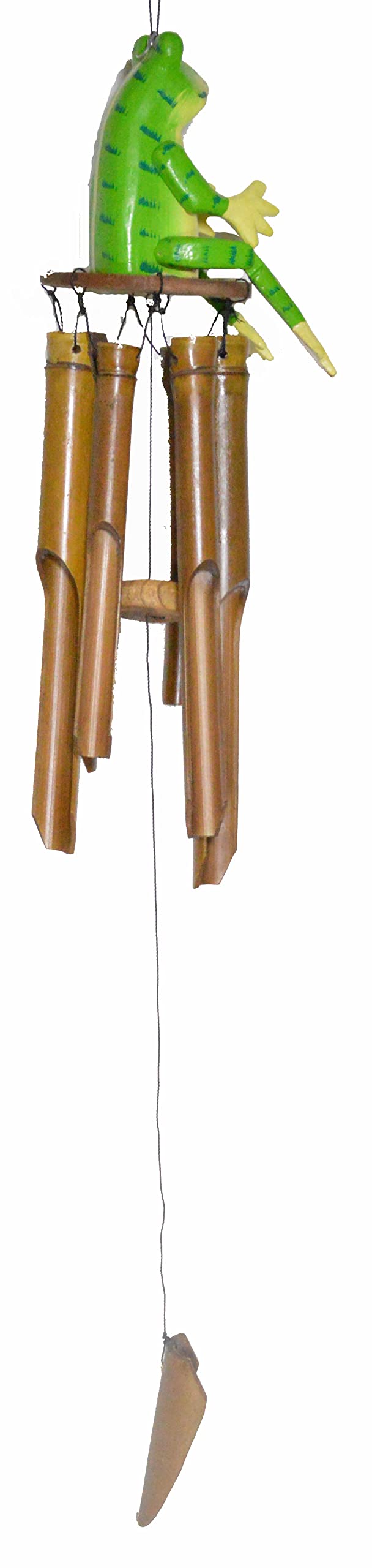 WorldBazzar Hand Carved Large Beautiful Bamboo Wood Frog Wind Chime Tropical Art, Pink, White, Brown, Red