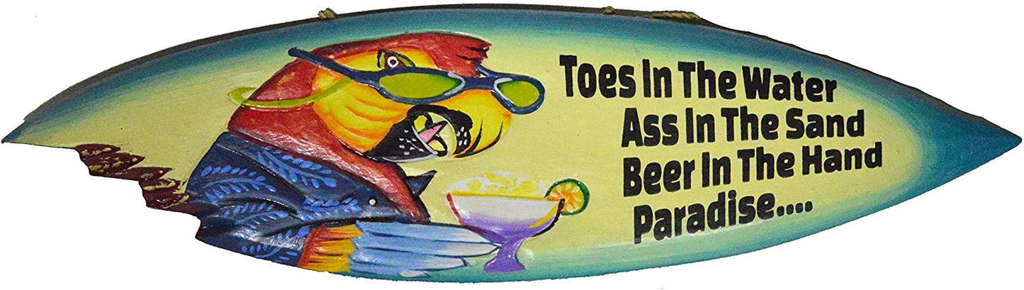 Parrot Head Toes in The Water As in The Sand Tiki Bar Sign Surfboard Surf Board with Shark Bite