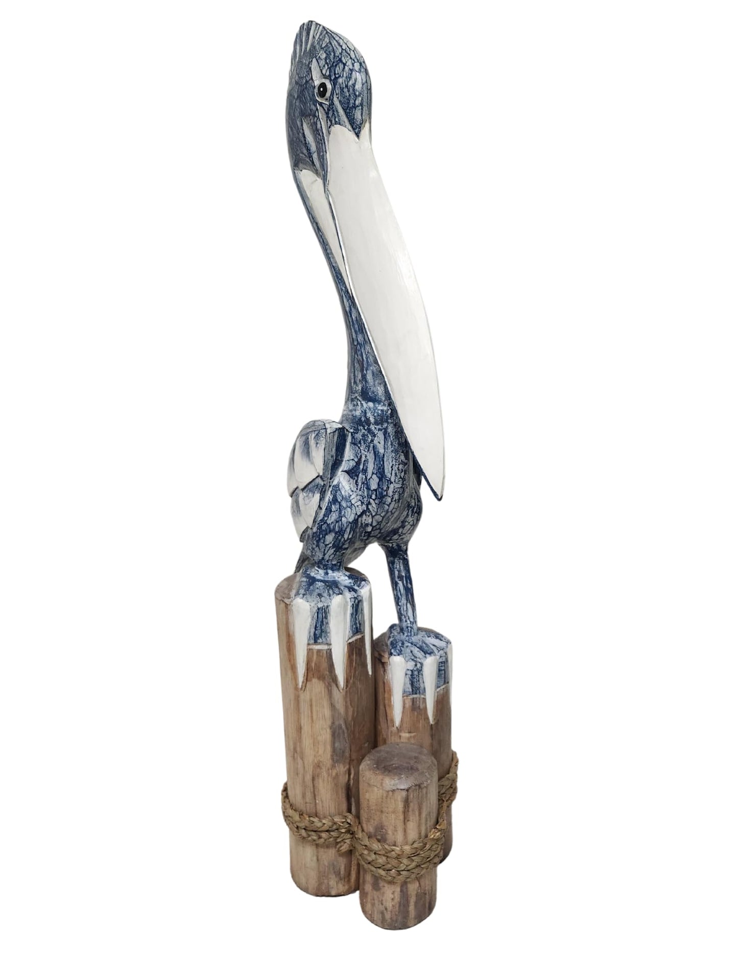 3FT Tall Three Post Blue White WASH Hand Carved Nautical Wood Pelican Statue Carving Sculpture Art 40 in