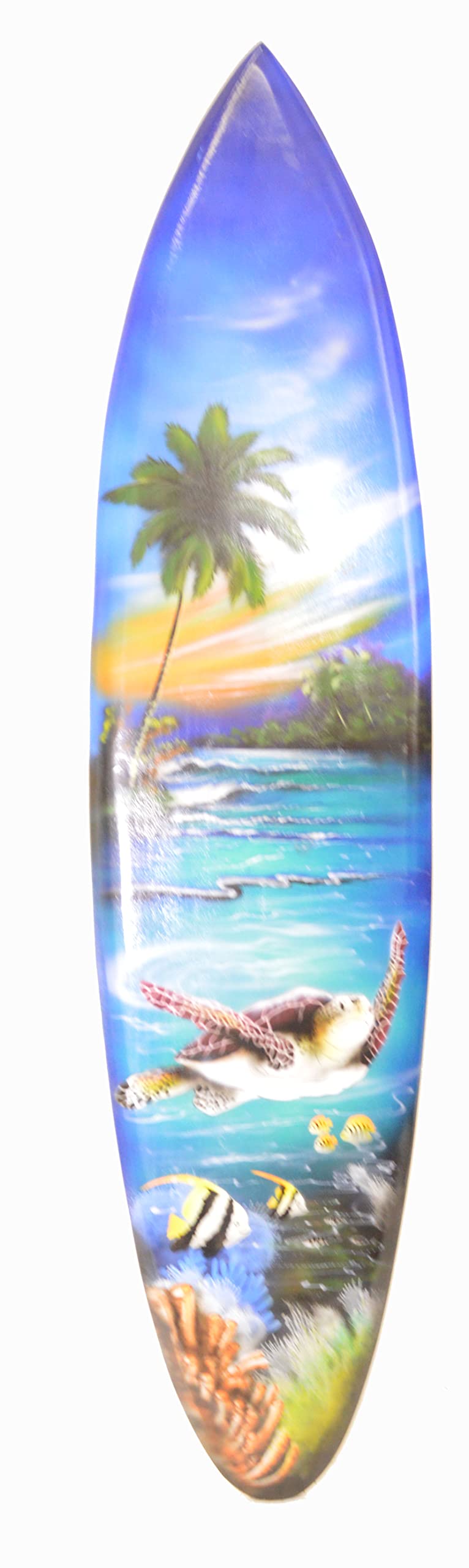 WorldBazzar Hand Carved Wooden Large SEA TURTLE Palm Tree Sunset Ocean Coral Fish Beach Art Airbrushed Surfboard Art Beer Tiki Bar, YELLOW, GREEN, WHITE, BROWN, BLUE