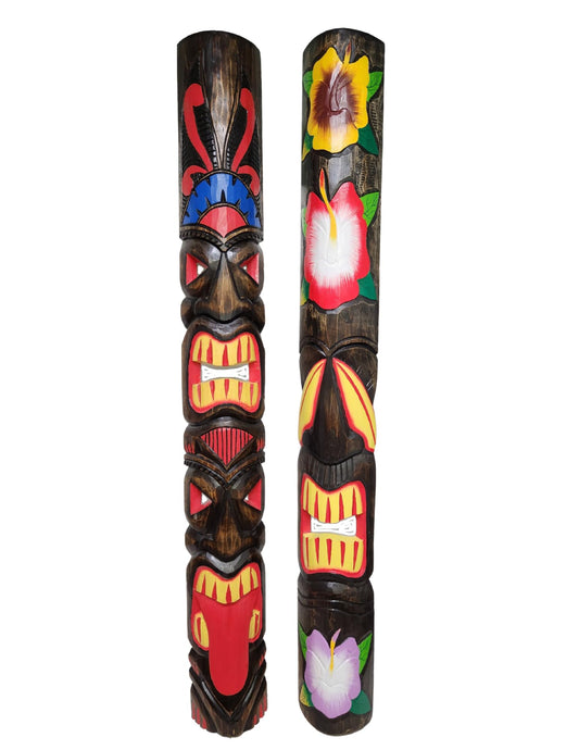 WorldBazzar SET OF TWO 59 inch HAND CARVED POLYNESIAN HAWAIIAN TIKI STYLE MASK 5 FT TALL HIBISCUS TURTLE