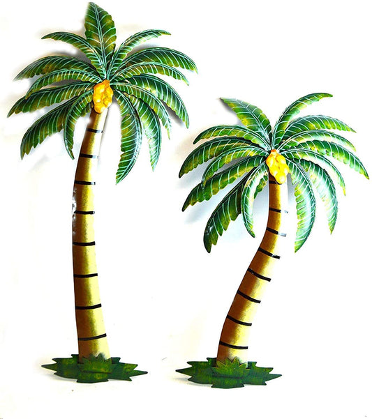 WorldBazzar Beautiful 37 Inch and 29 Inch Metal Set of 2 Palm Tree with Coconuts Tropical Island Wall Art ,GREEN, BROWN, WHITE, PINK, YELLOW, RED