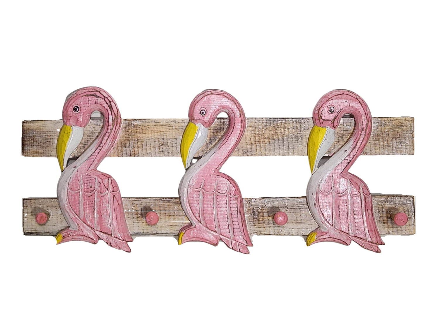 WorldBazzar Hand Carved Colorful Flamingo Birds Beach Towel Key Hanger Holder Surfboard Wooden Wall Hanging Art Sign Tiki Bar