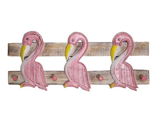 WorldBazzar Hand Carved Colorful Flamingo Birds Beach Towel Key Hanger Holder Surfboard Wooden Wall Hanging Art Sign Tiki Bar