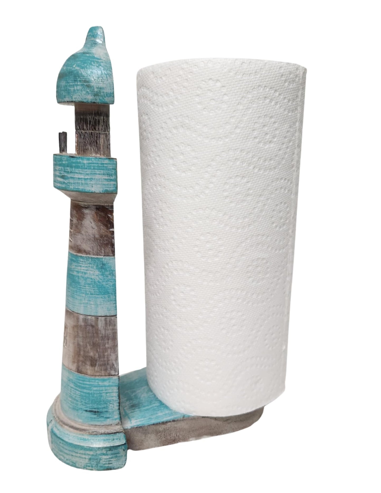 WorldBazzar New Hand Carved Lighthouse Teal Color Design Paper Towel Holder Wood Carving Nautical Statue Kitchen Gadget Sculpture, Brown, Blue, White Wash, White, Wash, Aqua, Teal, Green, Marine