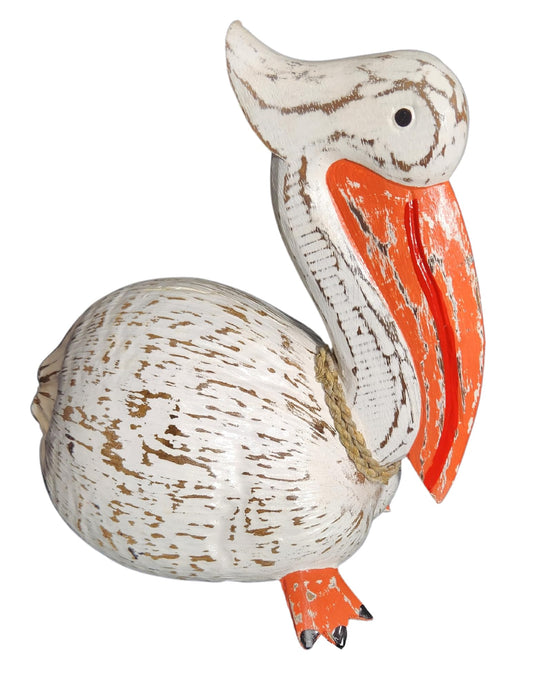 WorldBazzar Hand Carved COCONUT PELICAN Table Top Art Carving Sculpture Ocean Sea Nautical 3D Coastal Island Tropical Decor