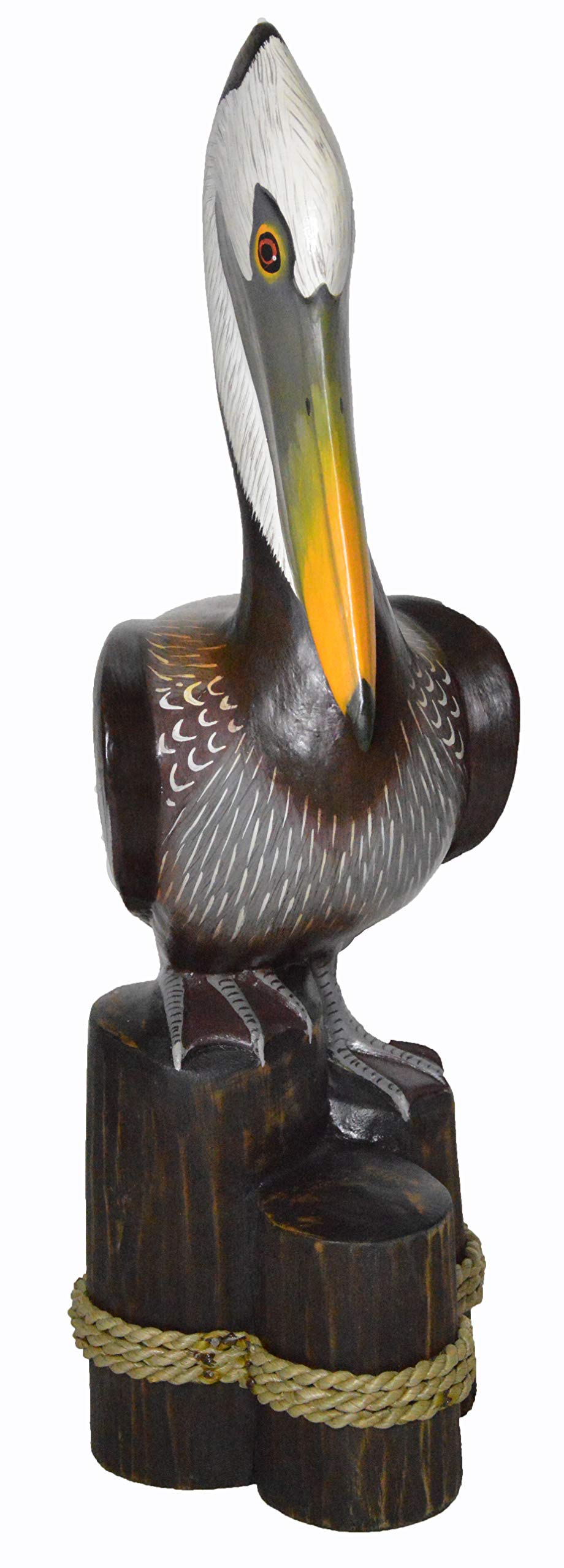 19" Tall Three Post Hand Carved Nautical Wood Pelican Statue Carving Sculpture Art