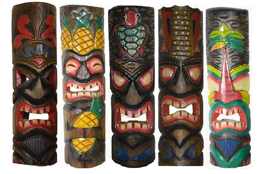 WorldBazzar 20 inch Large Set of 5 Polynesian Hawaiian Tiki Style Wall Masks, Green, Brown, White, Pink, Yellow, Red