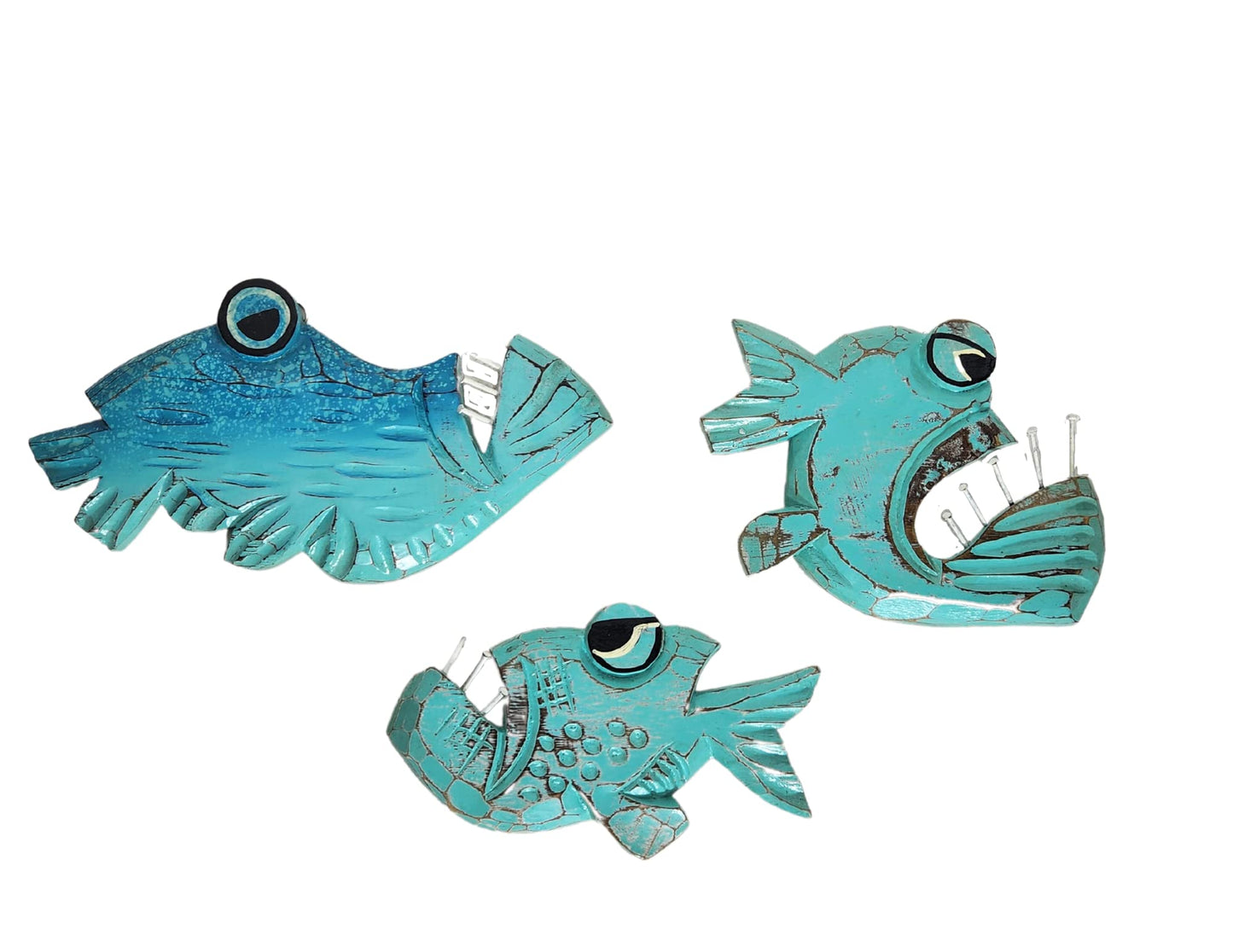 WorldBazzar Set of 3 Wall Hanging Piranha Angler NAIL BITER FISH Nautical Contemporary Wood Art Whimsical Abstract