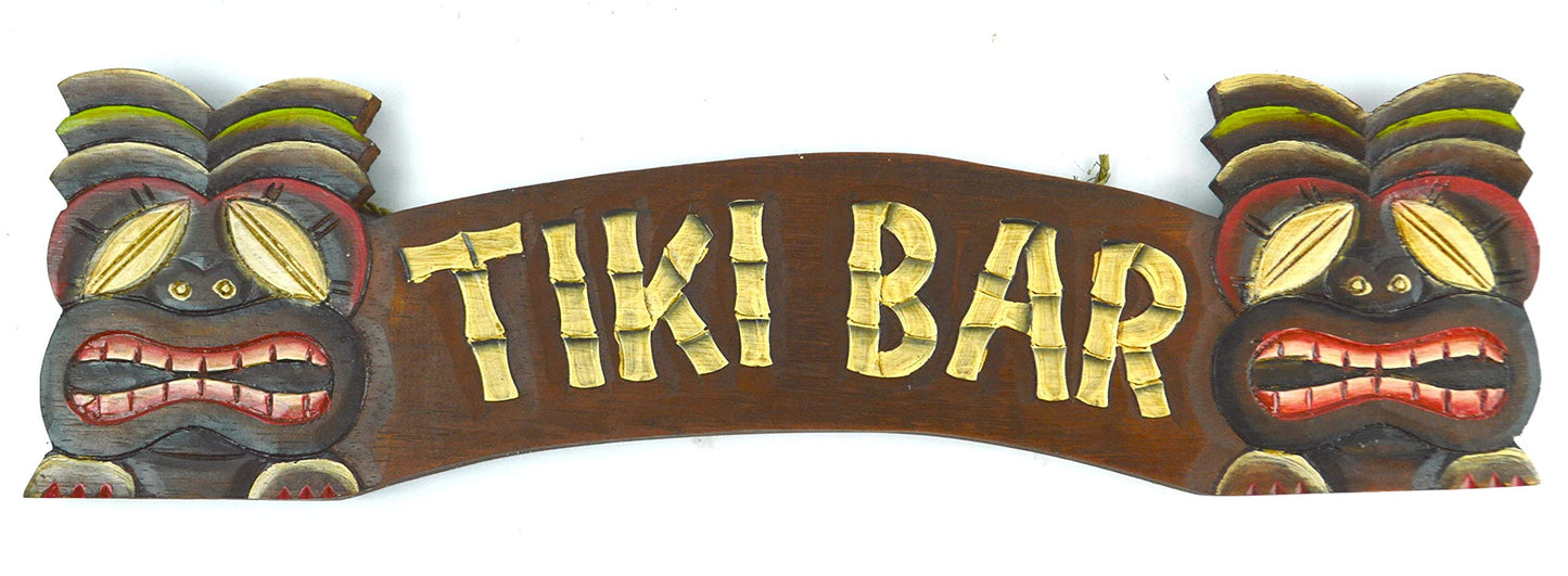 HAND CARVED TIKI BAR SIGN WITH TWO MASKS 3D POLYNESIAN HAWAIIAN ART