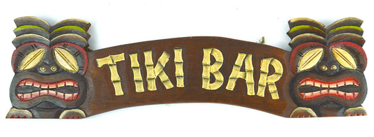 HAND CARVED TIKI BAR SIGN WITH TWO MASKS 3D POLYNESIAN HAWAIIAN ART