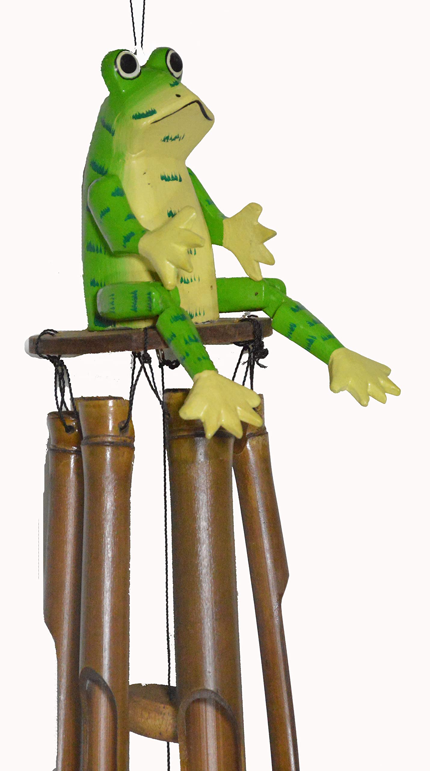 WorldBazzar Hand Carved Large Beautiful Bamboo Wood Frog Wind Chime Tropical Art, Pink, White, Brown, Red