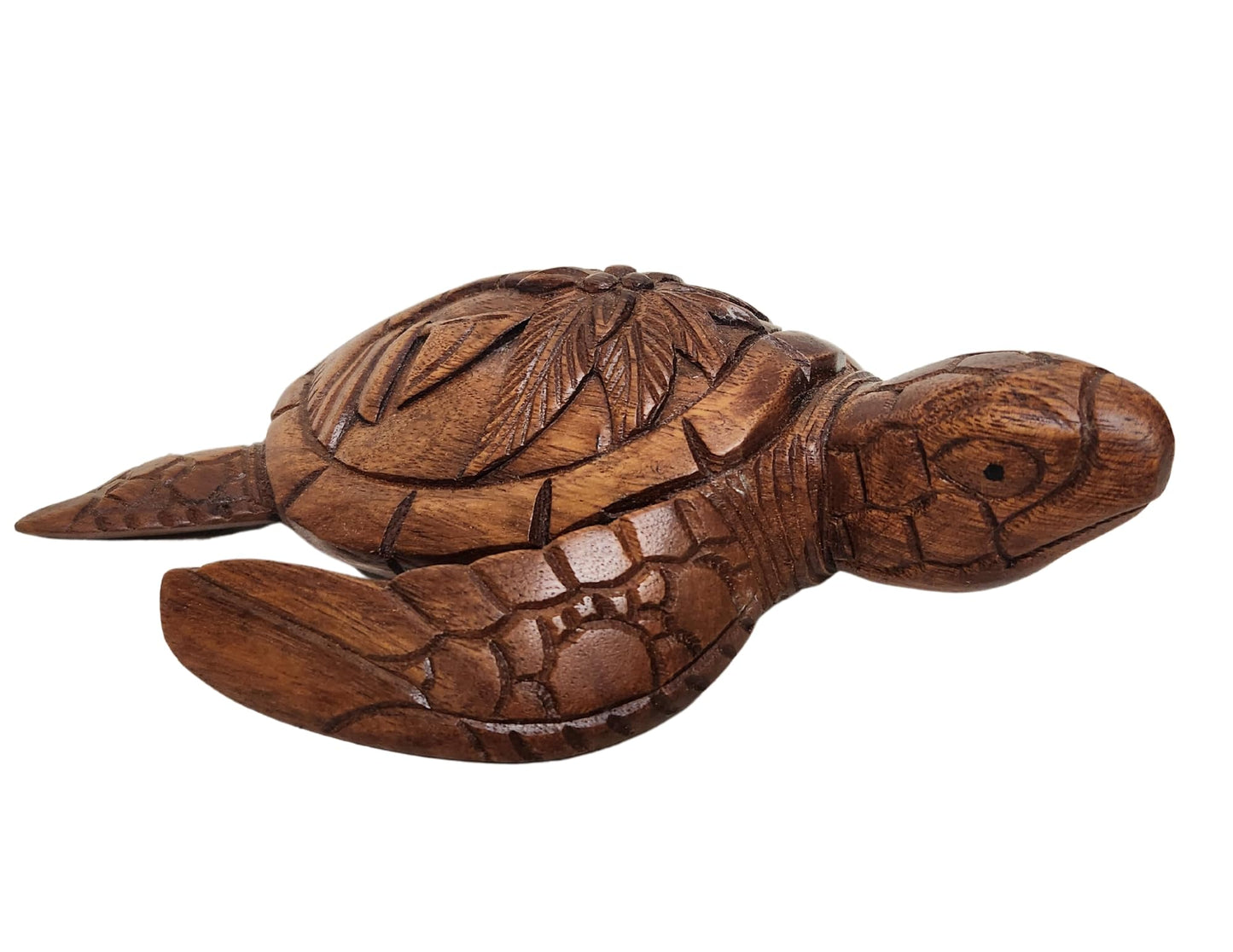 Hand Carved Mahogany Turtle with Detailed Palm Tree, Beach, and Sailboat Carved Out