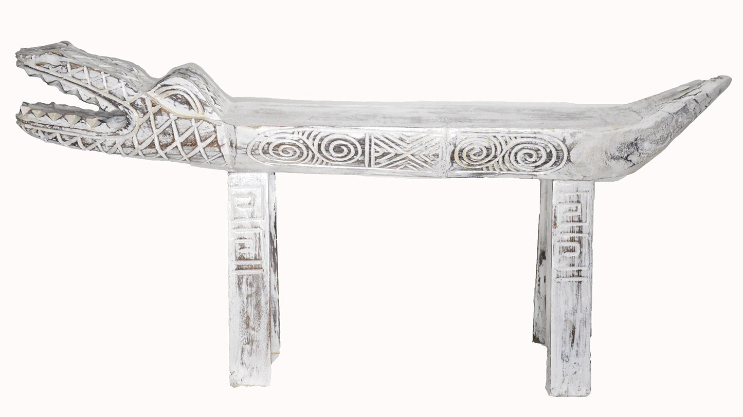 Hand Carved Gator Alligator Crocodile Primitive Wood Bench Chair White Statue Huge