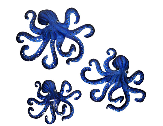 WorldBazzar HUGE BEAUTIFUL UNIQUE SEA OCEAN SET OF 3 OCTOPUS FAMILY METAL TROPICAL COASTAL NAUTICAL ISLAND WALL ART