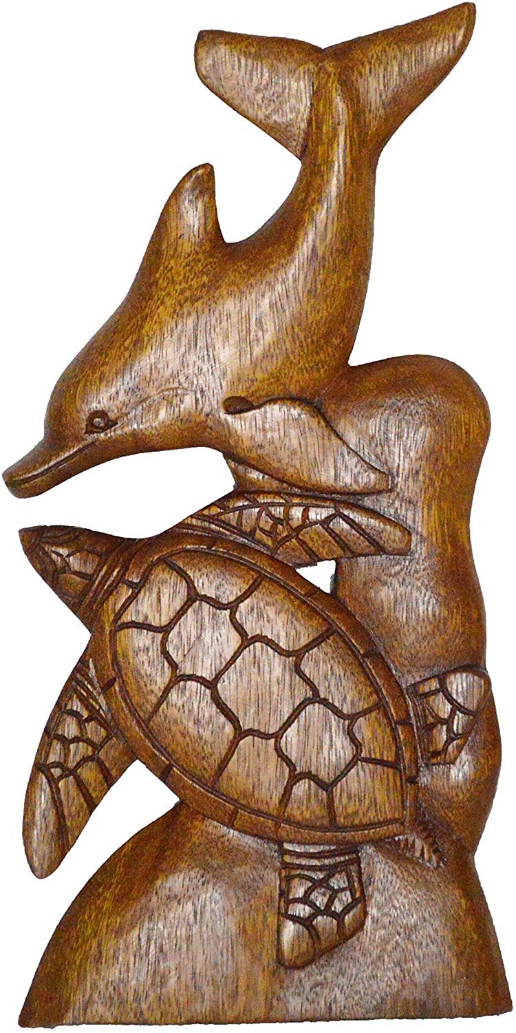 Beautiful Hand Carved Mahogany Wood Double Turtle Dolphin Ocean Coral Wall Art