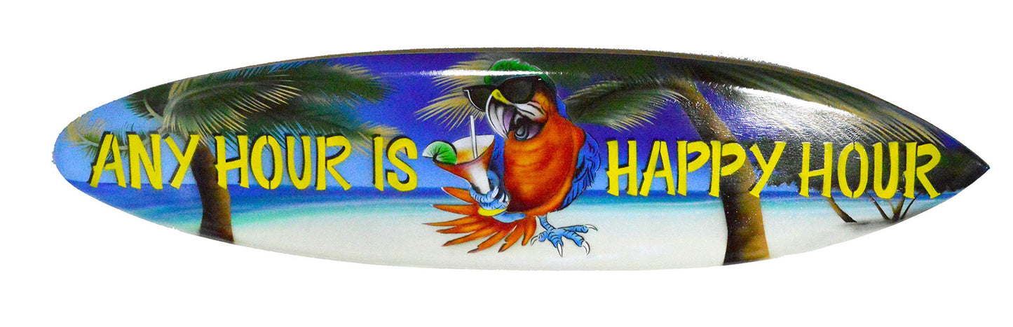 "ANY HOUR IS HAPPY HOUR" Beach Parrot Happy Hour Hard Wood Handmade AIRBRUSHED ART Corona Beer Palm Tree 39" Surfboard Sign Wall Plaque Art