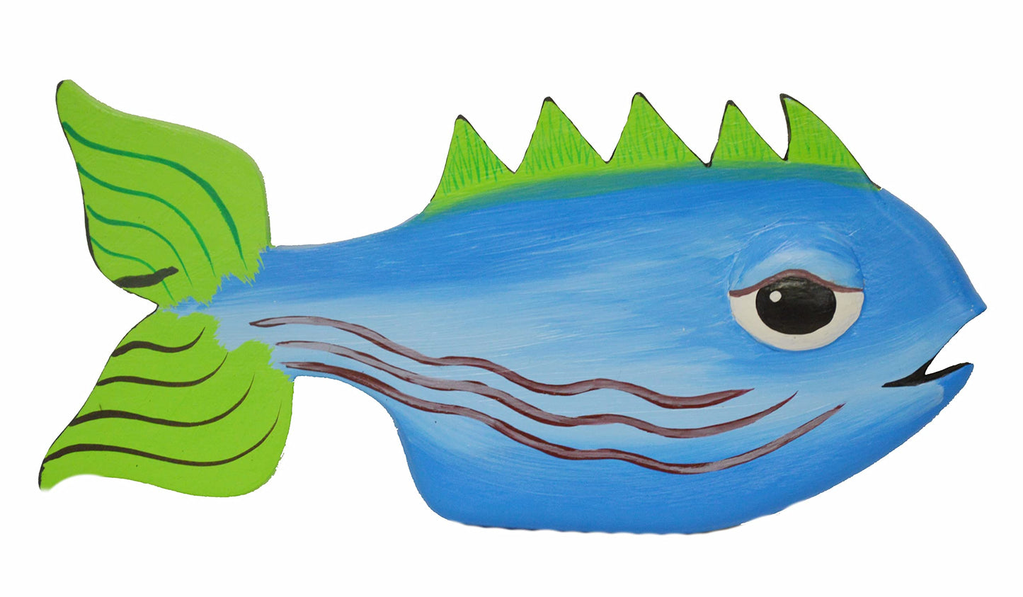 WorldBazzar BEAUTIFUL UNIQUE BLUE HANDMADE WOODEN FISH hanging wall art HAND CARVED STATUE SCULPTURE