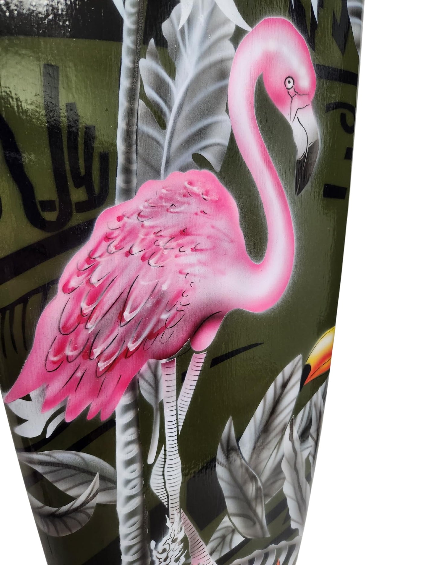 Hand Carved Wooden Large FLAMINGO PARROT TOUCAN Palm Tree Sunset Ocean Beach Art Airbrushed Surfboard Art Beer Tiki Bar