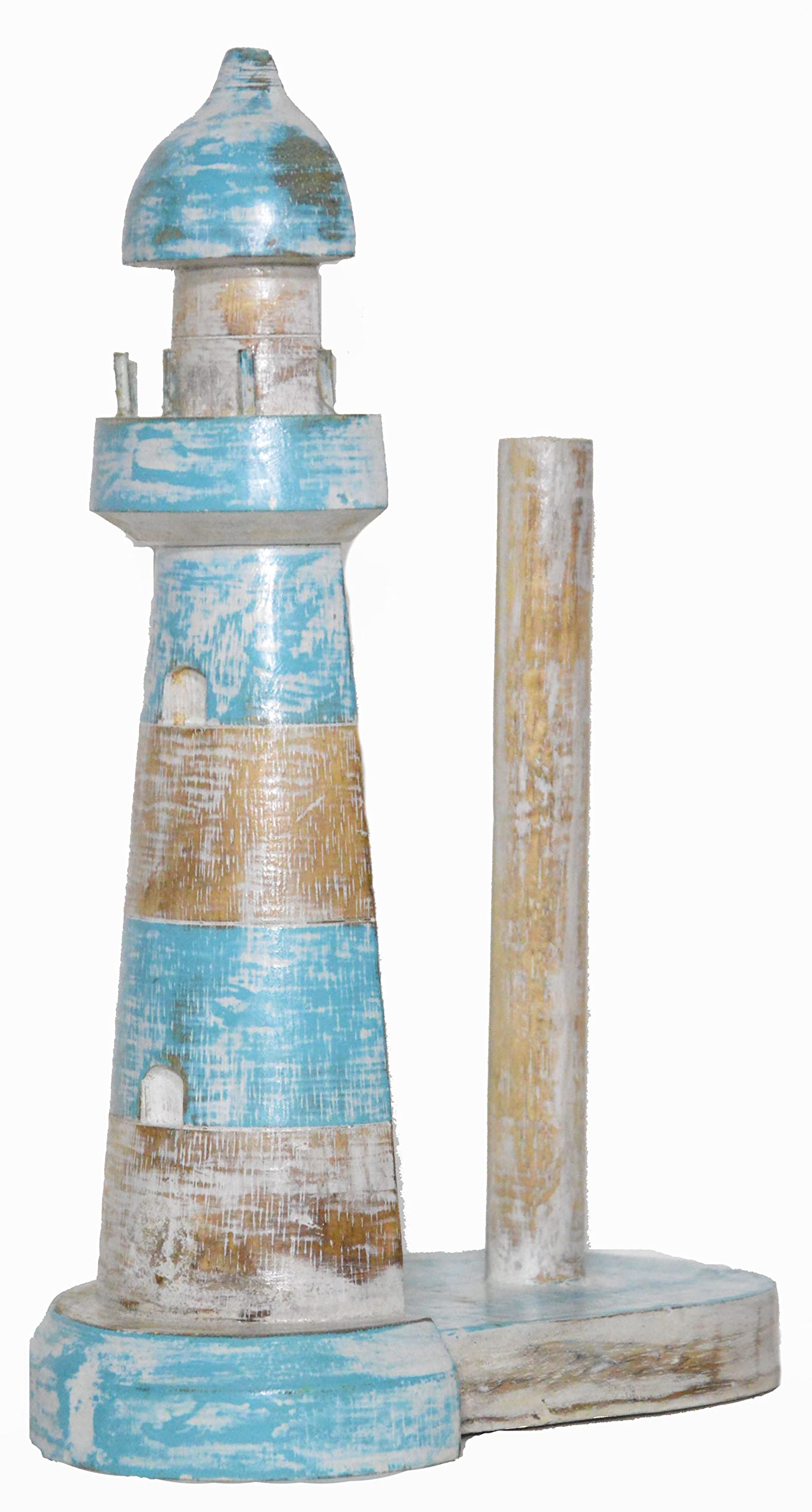 WorldBazzar New Hand Carved Lighthouse Teal Color Design Paper Towel Holder Wood Carving Nautical Statue Kitchen Gadget Sculpture, Brown, Blue, White Wash, White, Wash, Aqua, Teal, Green, Marine