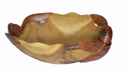 Huge Hand Carved Two Tone Mahogany Wood Nautical TwoTurtles on Bowl