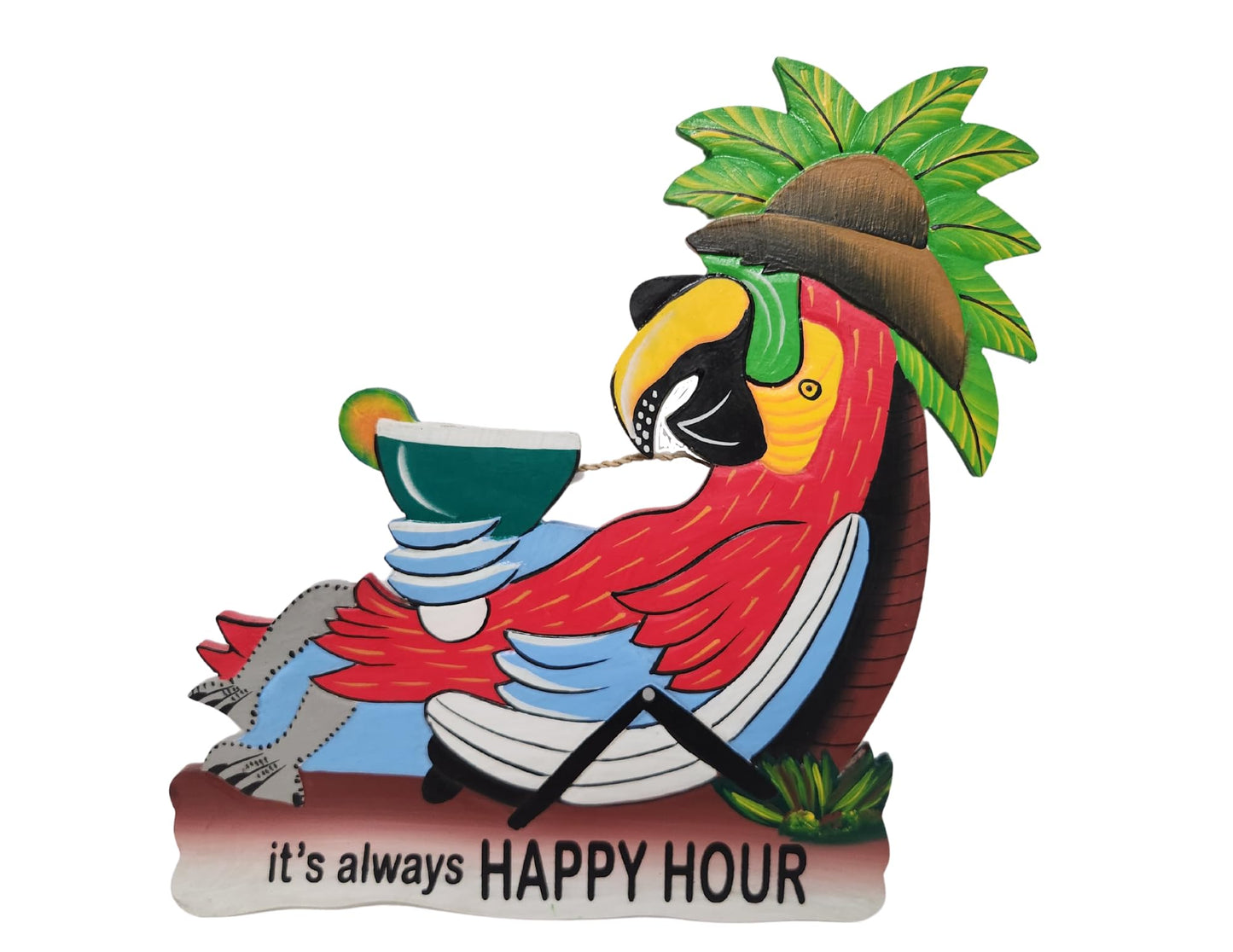 Hand Carved Wooden PARROT IN CHAIR ITS ALWAYS HAPPY HOUR Cocktails Drinking BEACH Sign