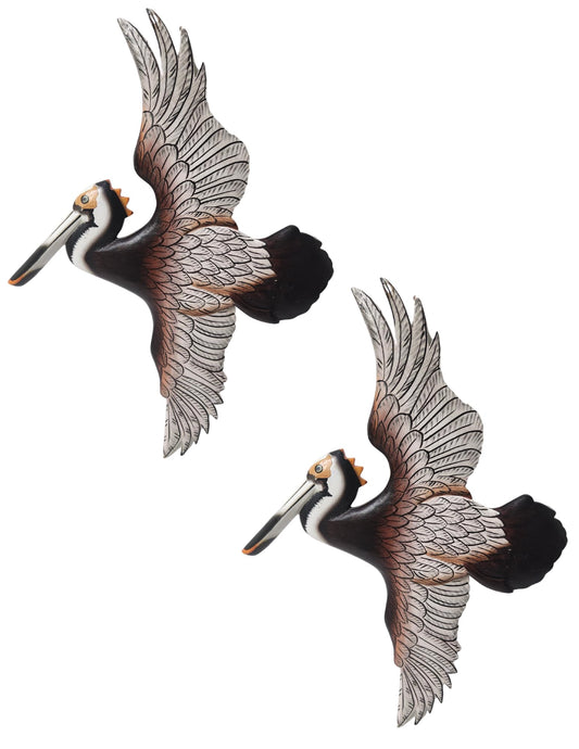 SET OF 2 Hand Carved Flying Colorful Wood Pelican Wall Art Hang on Tropical Nautical Decor Sign