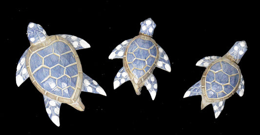WorldBazzar Hand Carved Wooden Set of Three Turtles Statues Sculptures Carving Art