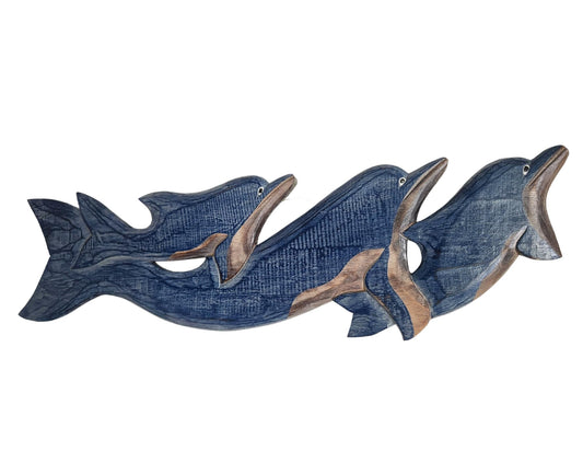 WorldBAzzar NEW LG HAND CARVED BLUE WHITE WASH WOOD DOLPHIN family WALL ART HANGING TROPICAL NAUTICAL DECOR
