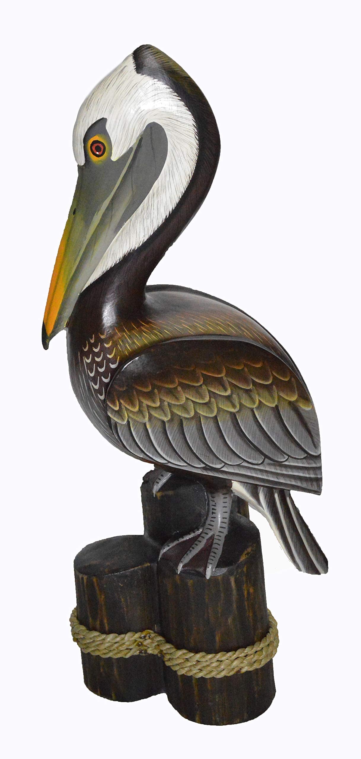 19" Tall Three Post Hand Carved Nautical Wood Pelican Statue Carving Sculpture Art
