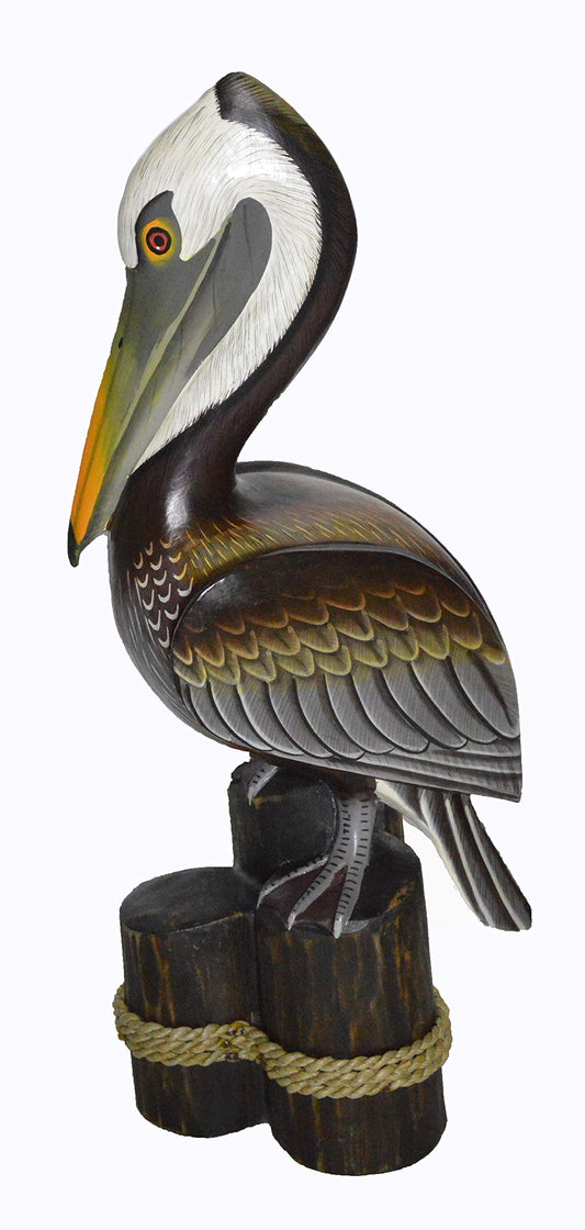 19" Tall Three Post Hand Carved Nautical Wood Pelican Statue Carving Sculpture Art