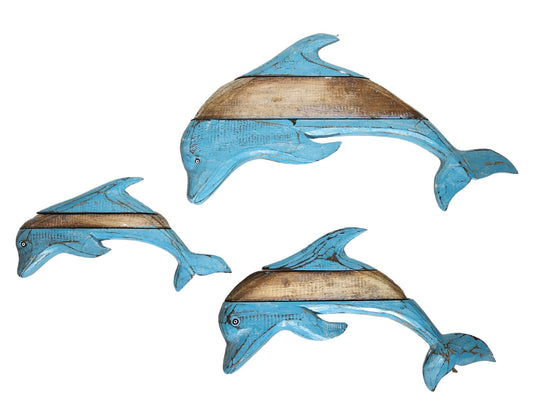 WorldBazzar SET OF 3 DOLPHIN HAND CARVED OUT WOOD Beach Ocean Sea Life Wall Art Nautical Coastal Home Décor