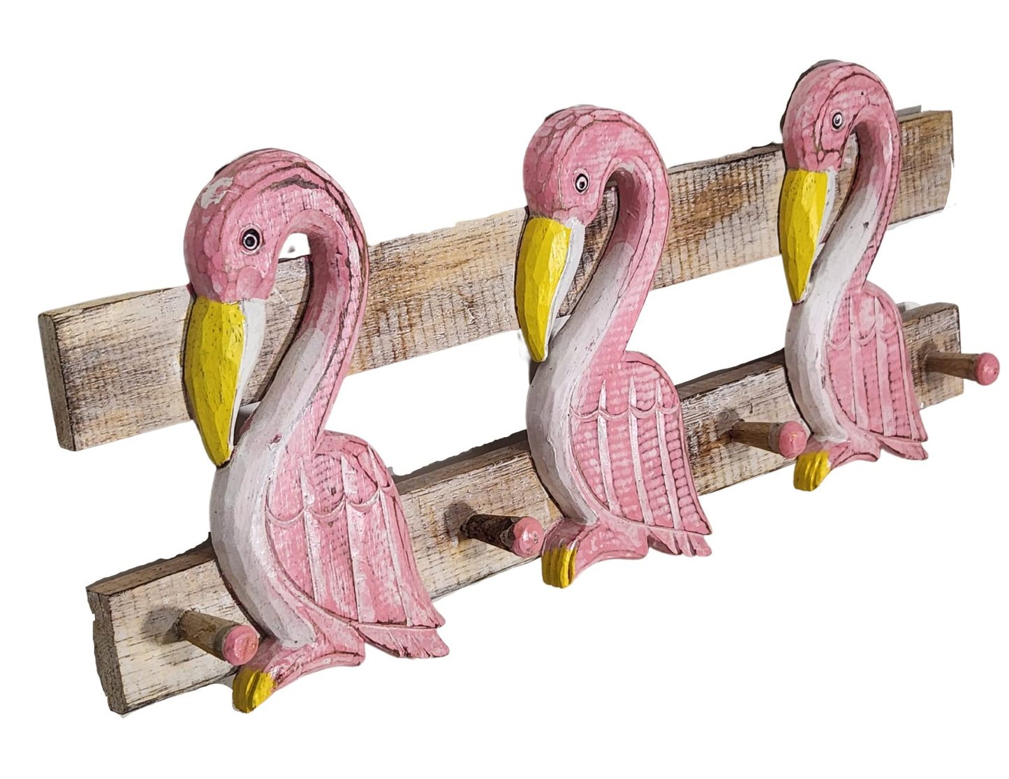 WorldBazzar Hand Carved Colorful Flamingo Birds Beach Towel Key Hanger Holder Surfboard Wooden Wall Hanging Art Sign Tiki Bar