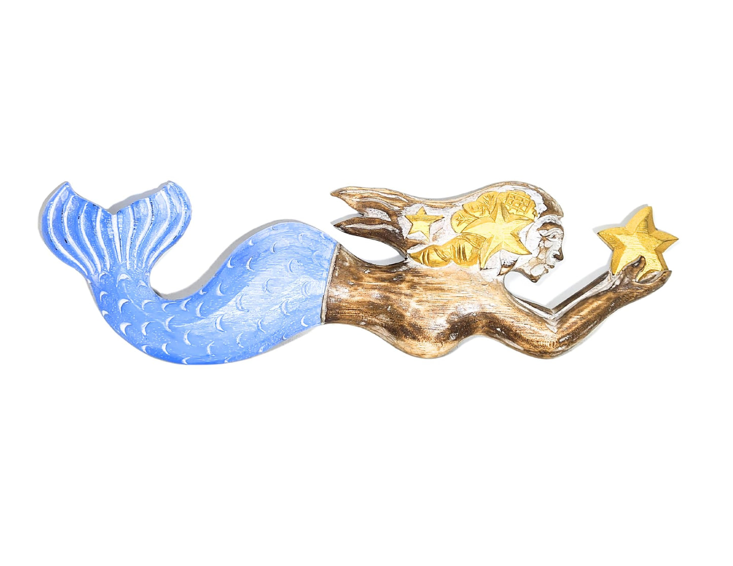 WorldBazzar 18" AUTHENTIC STYLE HAND CARVED WOODEN BLUE MERMAID STAR FISH SHELL RUSTIC COTTAGE NAUTICAL PLAQUE WALL ART TRADITIONAL