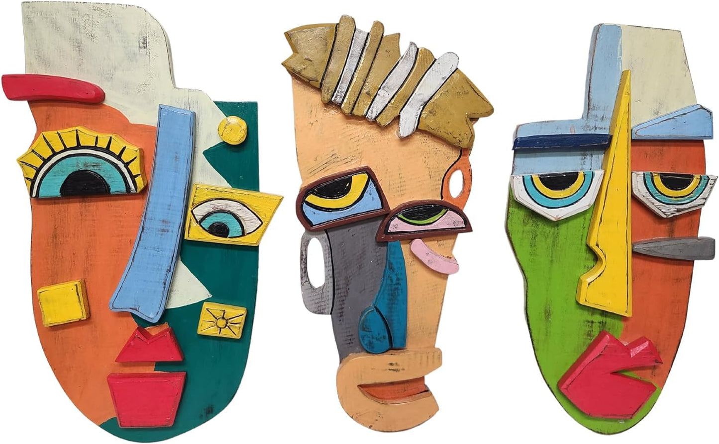 WorldBazzar 3 Pc Abstract MASK African Hand Carved Wooden Tribal Tiki MASK Wall Decor FACE Cubist Picasso