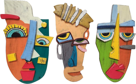 WorldBazzar 3 Pc Abstract MASK African Hand Carved Wooden Tribal Tiki MASK Wall Decor FACE Cubist Picasso