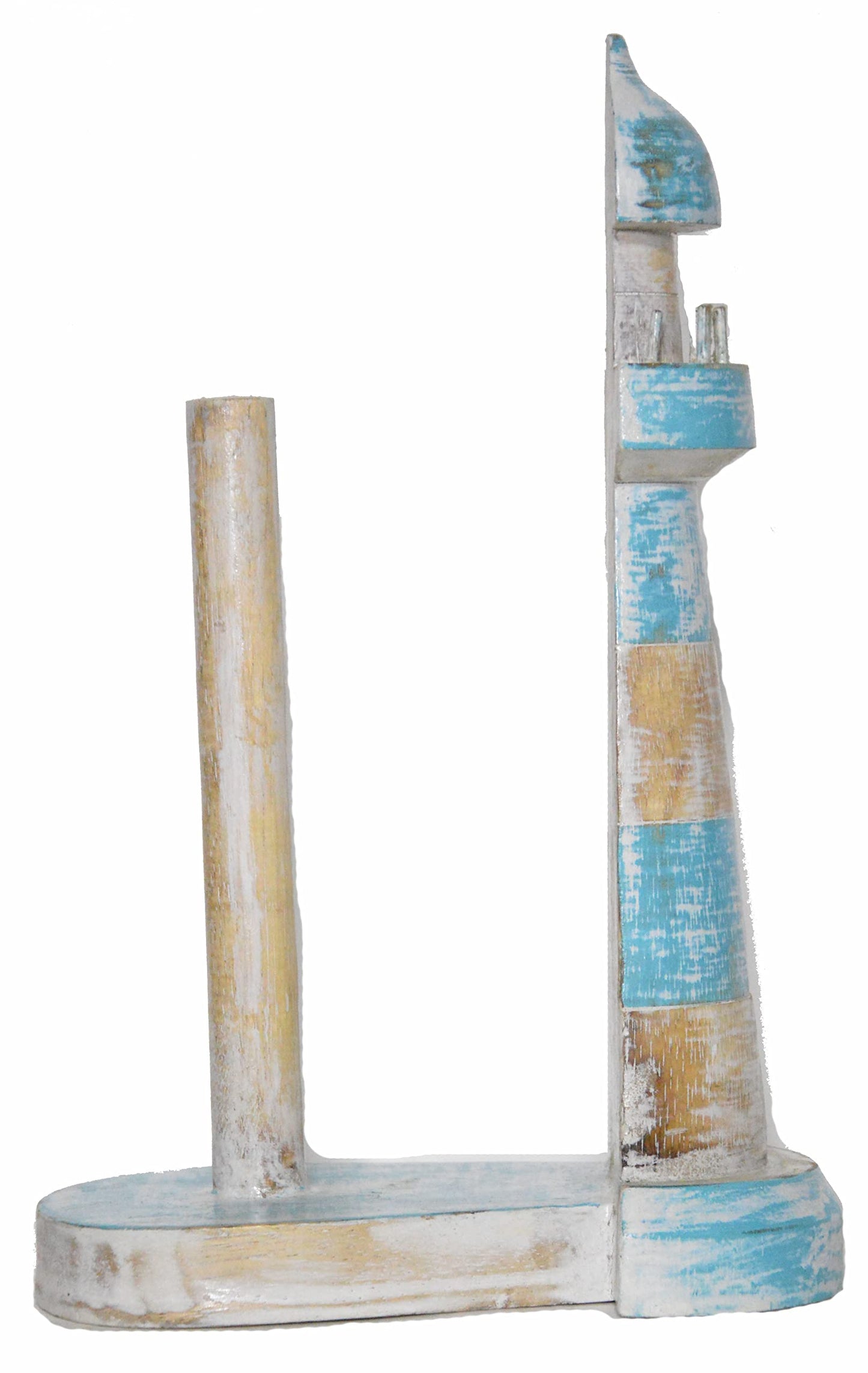 WorldBazzar New Hand Carved Lighthouse Teal Color Design Paper Towel Holder Wood Carving Nautical Statue Kitchen Gadget Sculpture, Brown, Blue, White Wash, White, Wash, Aqua, Teal, Green, Marine