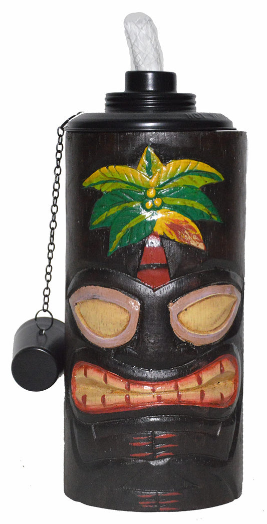 WorldBazzar Palm Tree Tiki FACE Torch Table TOP Handmade Totem MASK Tropical Polynesian Hawaiian Sun Design, Brown, Yellow, Black