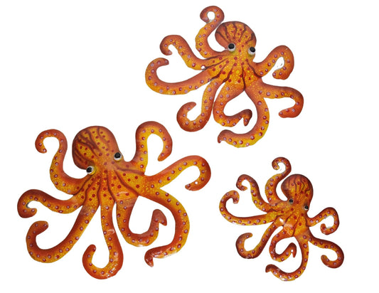 WorldBazzar HUGE BEAUTIFUL UNIQUE SEA OCEAN SET OF 3 OCTOPUS FAMILY METAL TROPICAL COASTAL NAUTICAL ISLAND WALL ART orange
