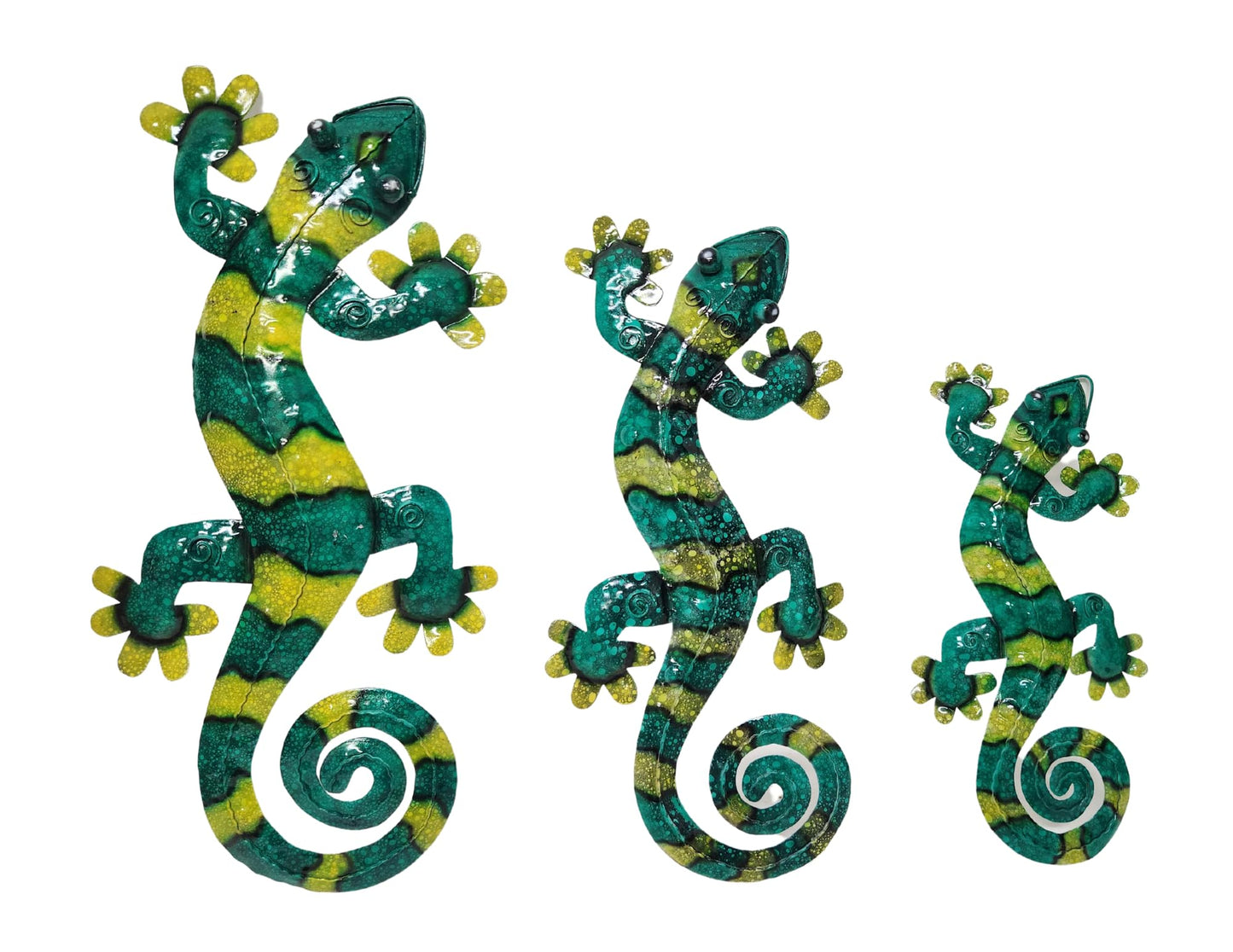 WorldBazzar HUGE Beautiful Unique Set of 3 GREEN Geckos Lizard Metal Tropical Island Wall Art