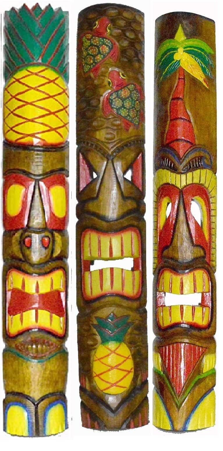 NEW HIBISCUS PALM 39 IN HAND CARVED BEAUTIFUL SET OF 3 POLYNESIAN TIKI GOD MASKS